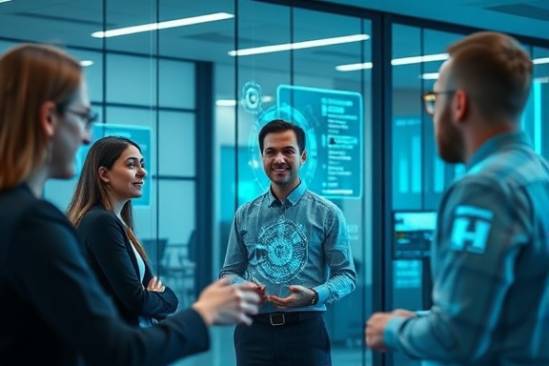 cutting-edge digital strategy, confidently smiling, leading a team discussion, photorealistic, in a tech-savvy office environment with glass walls, highly detailed, interactive digital screens and holograms, ultra HD, cool blue and silver color scheme, soft ambient lighting, shot with a wide-angle lens.