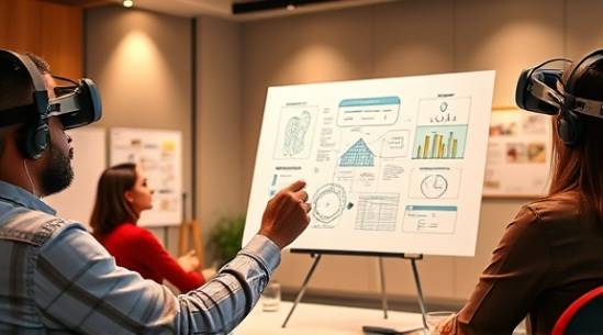 visionary marketing innovation, enthusiastically pitching ideas, sketching on a digital canvas, photorealistic, in a collaborative meeting room with whiteboards and VR devices, highly detailed, digital concept visuals floating, clear resolution, warm earth tones, directional spot lighting, shot with a macro lens.