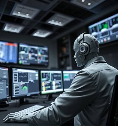 efficient marketing automation, focused determination, orchestrating workflow processes, photorealistic, in a digital control center with multiple monitors, highly detailed, automated bots and software indicators, precise clarity, sleek monochrome palette, balanced fluorescent lighting, shot with a telephoto lens.