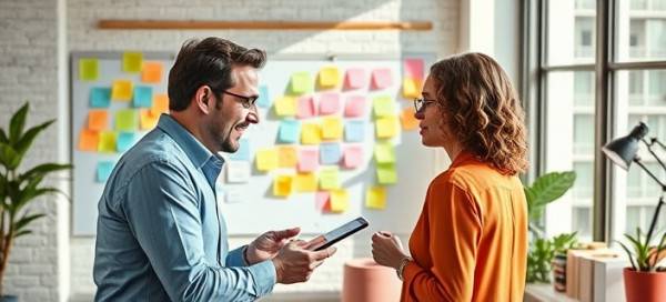 strategic digital strategy, confidently brainstorming, developing brand strategies, photorealistic, in a creative open office with ideation boards, highly detailed, vibrant post-it notes and brainstorming tools, clear capture, pastel color accents, natural sunlight streaming, shot with a prime lens.