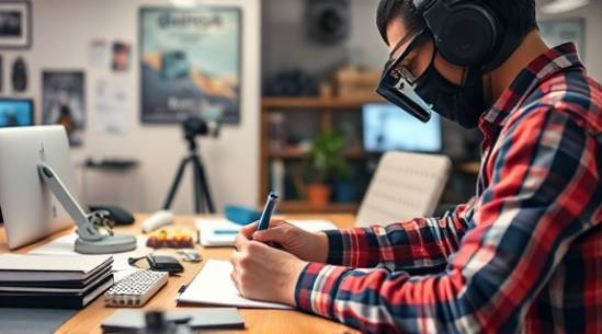 innovative marketing innovation, passionately sketching concepts, leading creative sessions, photorealistic, in a design studio with high tech gadgets, highly detailed, holographic design elements and AR illustrations, immaculate detail, bright primary colors, soft diffusion lighting, shot with a tilt-shift lens.