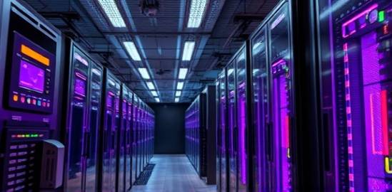 proactive marketing automation, energetically optimizing, configuring logistics algorithms, photorealistic, amidst machines and servers in a high-tech facility, highly detailed, automated flashing signals and processing lights, distinct clarity, tech-themed metallic hues, ambient purple lighting, shot with a macro lens.