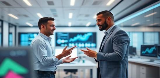 leading digital marketing, confidently guiding discussions, analyzing market trends, photorealistic, within a smart office with interactive desks, highly detailed, flow of data and real-time updates, exceptional resolution, lively digital colors, focused ceiling lighting, shot with a 24mm lens.