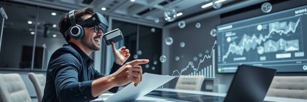 strategic digital strategy, enthusiastically interpreting data, constructing advanced growth models, photorealistic, in a virtual conference room with headset gadgets, highly detailed, floating datasets and scenario simulations, crisp image, futuristic grayscale and dash of color, studio LED lighting, shot with a wide lens.