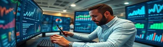 in-depth marketing analysis, thoughtfully evaluating insights, checking analytics dashboard, photorealistic, surrounded by touchscreens in a tech haven, highly detailed, dynamic infographics and trend visuals, pixel-perfect quality, soft technological hues, adaptive task lighting, shot with a fisheye lens.