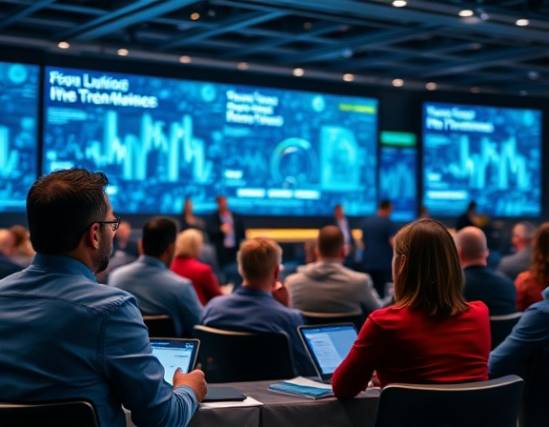 strategic digital marketing, diligently assessing strategies, developing transformative plans, photorealistic, at a tech conference with collaborative panels, highly detailed, immersive screens and live-streaming data, extreme sharpness, contemporary vivid contrasts, directed artificial lighting, shot with a 35mm lens.